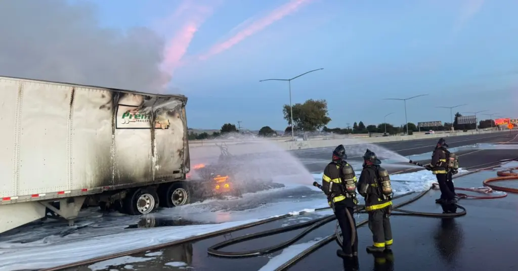 Καμένο ηλεκτρικό φορτηγό Tesla Semi στον αυτοκινητόδρομο I-880 με πυροσβέστες